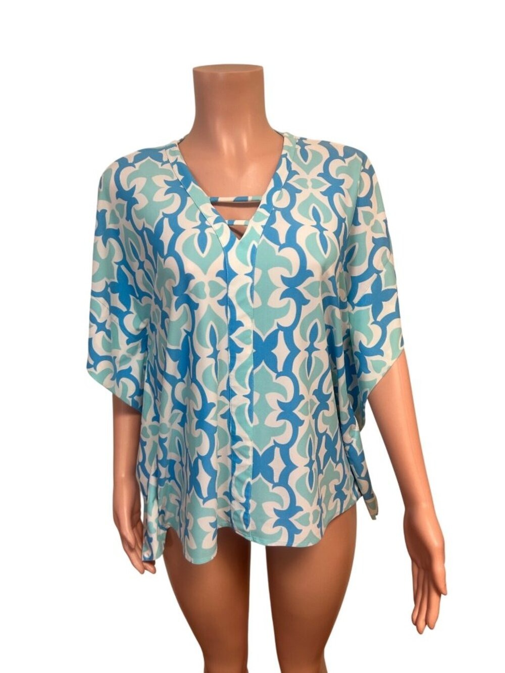 Jude Connally Blue & Aqua Geometric Print Short Sleeve Top Nylon Spandex XS